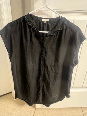 Joie Black Ruffle-Trim Cap-Sleeve Button-Front Blouse